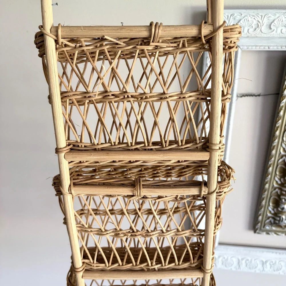Vintage Woven Wicker 3 Tier Hanging Wall Basket Rattan Boho Mail Organizer Decor